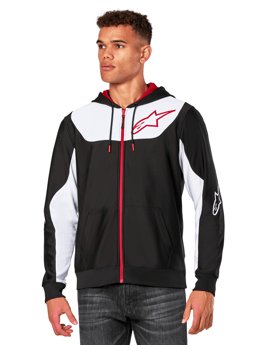 Alpinestars Sessions V3 Hoodie, sudadera con cremallera frontal, negra con paneles blancos y detalles rojos, con cremallera roja, capucha forrada de malla y logotipo de estrella de Alpinestars en el pecho, ropa urbana casual inspirada en el automovilismo