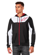Alpinestars Sessions V3 Hoodie, sudadera con cremallera frontal, negra con paneles blancos y detalles rojos, con cremallera roja, capucha forrada de malla y logotipo de estrella de Alpinestars en el pecho, ropa urbana casual inspirada en el automovilismo
