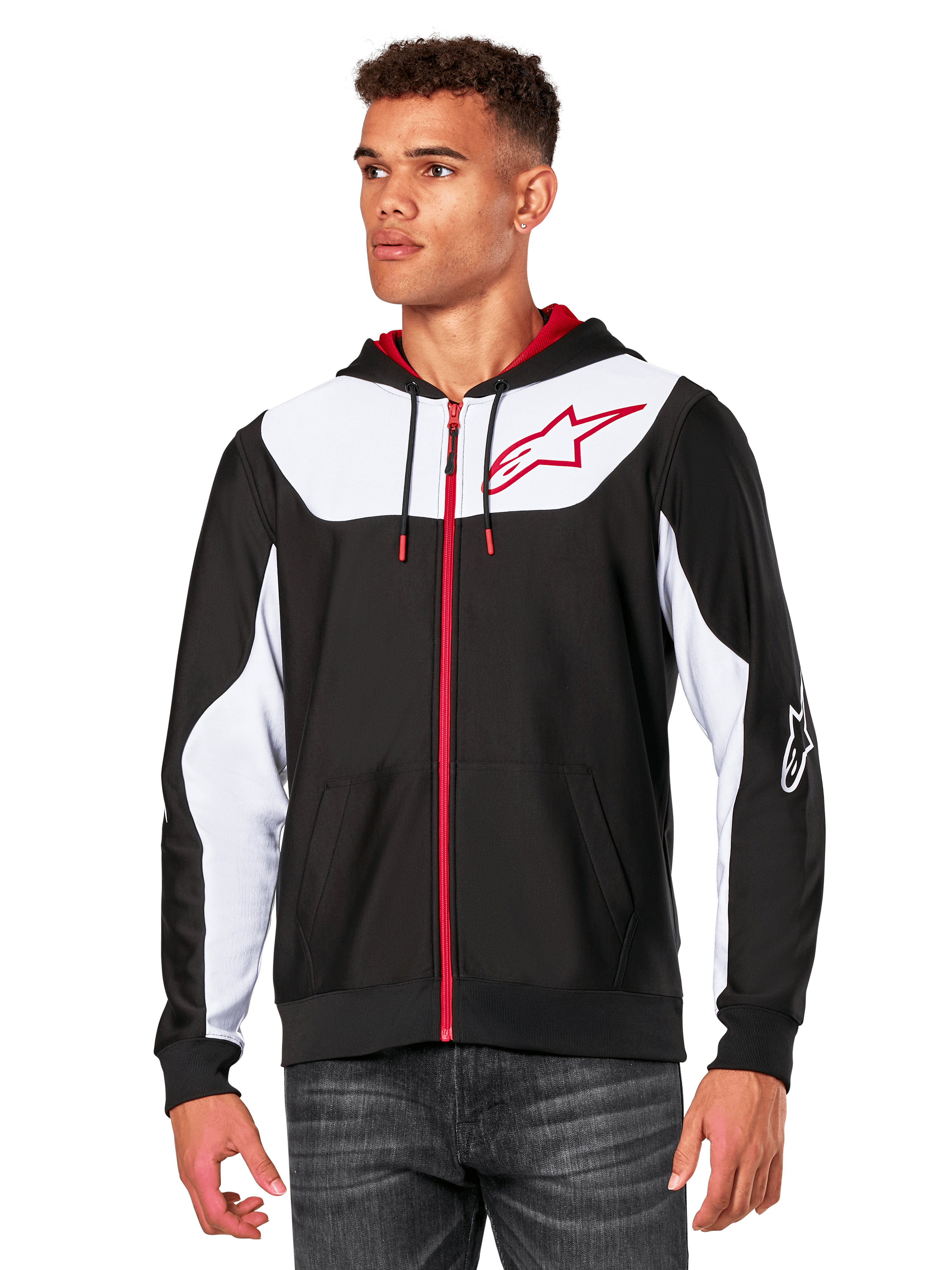 Alpinestars Sessions V3 Hoodie, sudadera con cremallera frontal, negra con paneles blancos y detalles rojos, con cremallera roja, capucha forrada de malla y logotipo de estrella de Alpinestars en el pecho, ropa urbana casual inspirada en el automovilismo