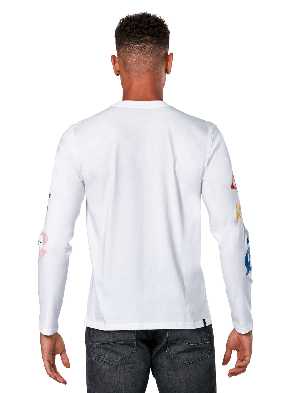 Alpinestars Brundo CSF Tee, camiseta de manga larga, blanca, vista posterior con estampados gráficos coloridos en las mangas, estilo casual motorsport streetwear