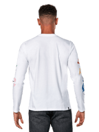Alpinestars Brundo CSF Tee, camiseta de manga larga, blanca, vista posterior con estampados gráficos coloridos en las mangas, estilo casual motorsport streetwear