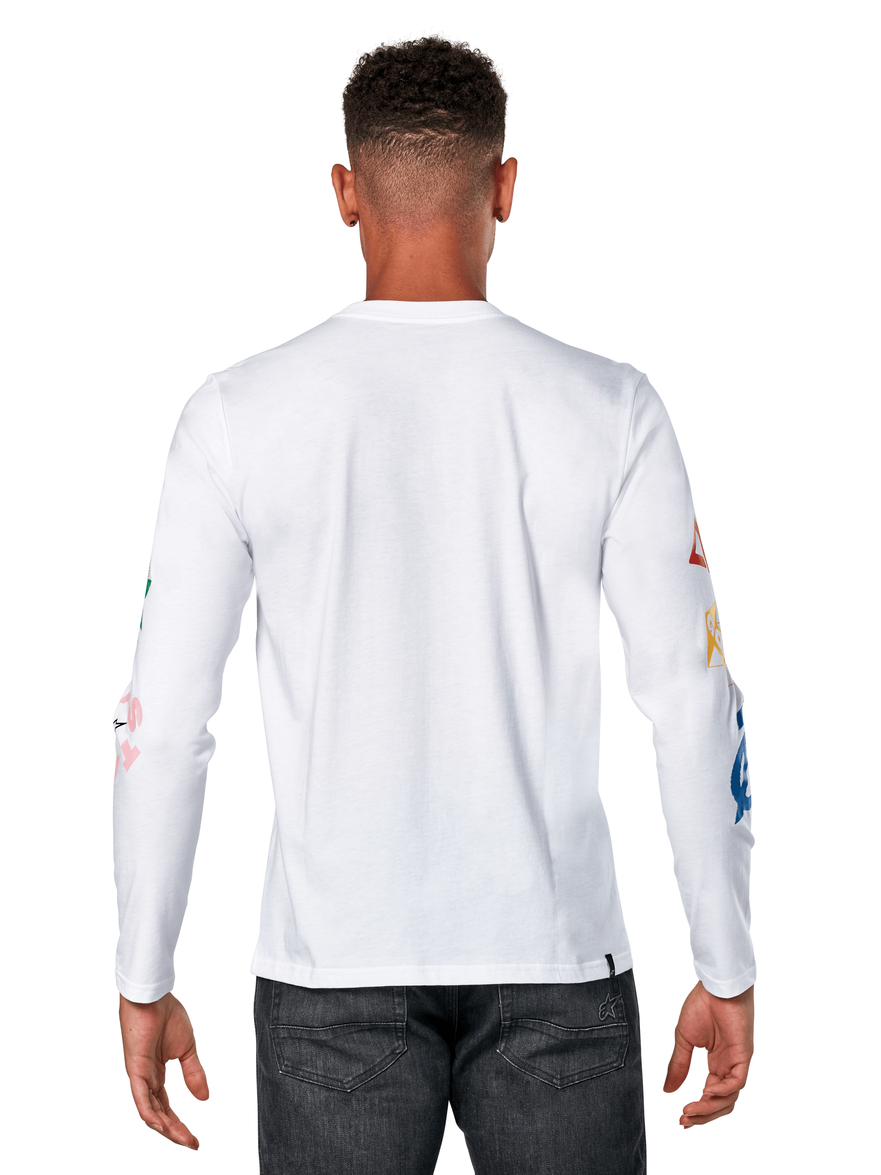 Alpinestars Brundo CSF Tee, camiseta de manga larga, blanca, vista posterior con estampados gráficos coloridos en las mangas, estilo casual motorsport streetwear