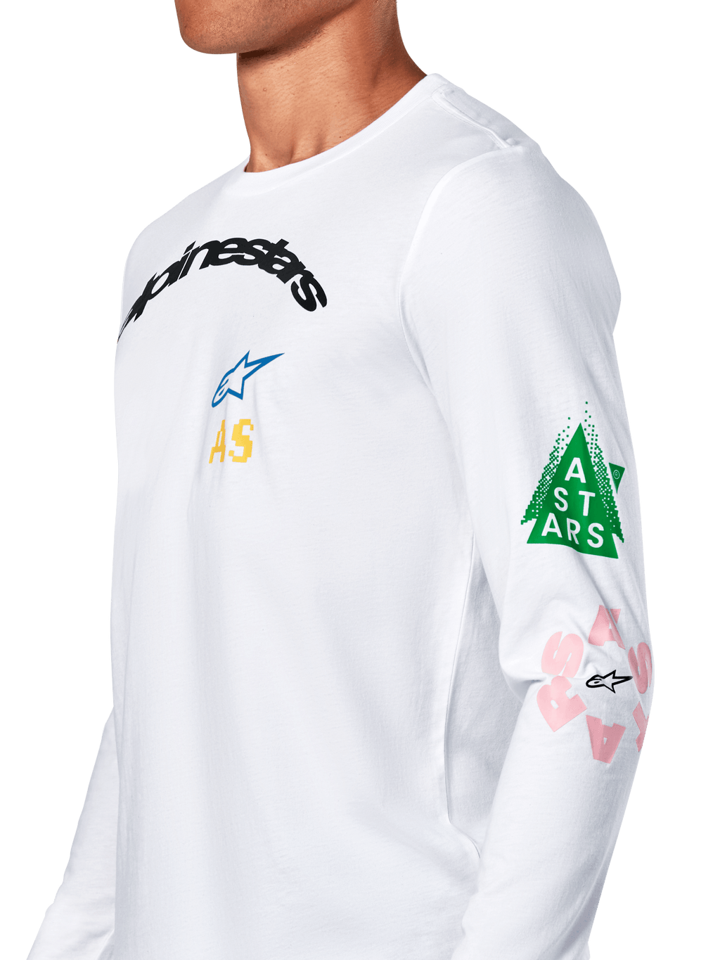 Alpinestars Brundo CSF Tee, camiseta de manga larga blanca, con gráficos multicolores en el pecho y las mangas, detalles de un triángulo verde y logotipos en rosa, ropa deportiva casual de motor