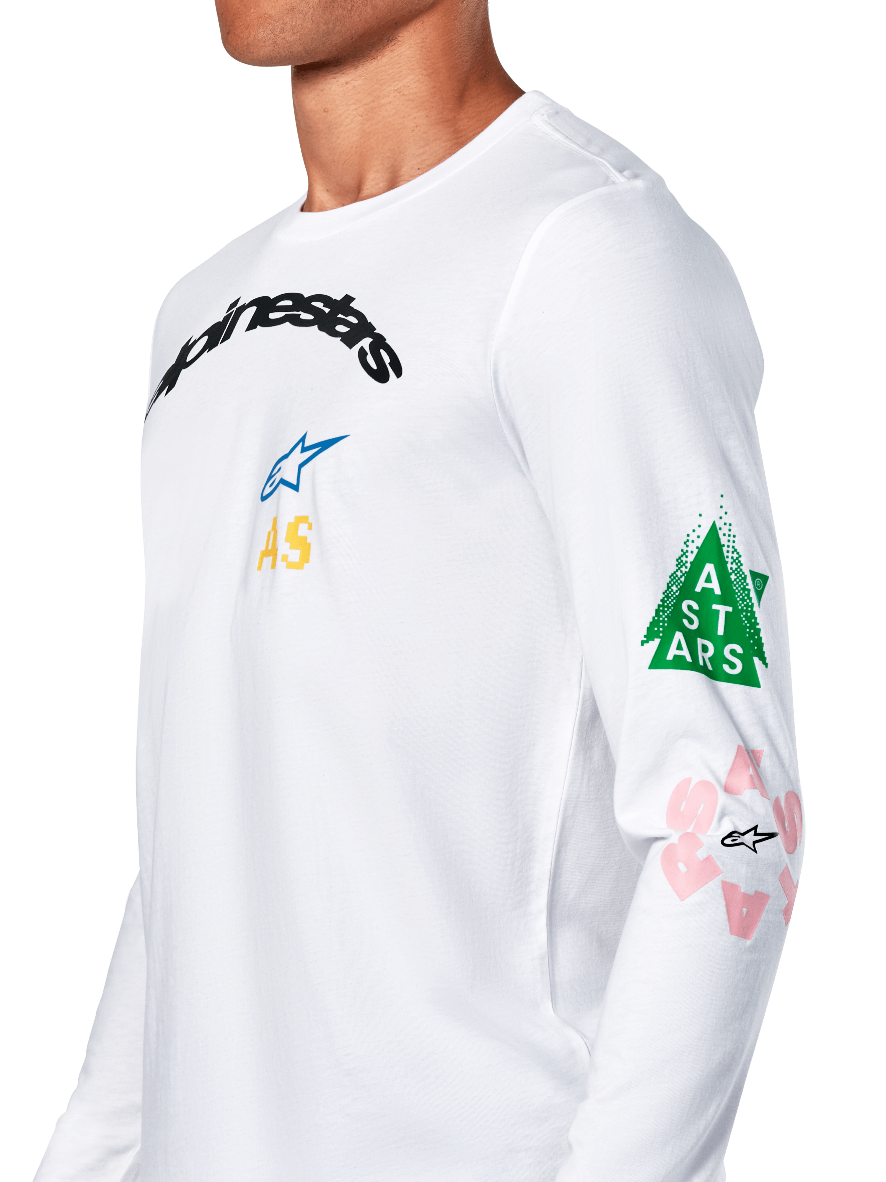Alpinestars Brundo CSF Tee, camiseta de manga larga blanca, con gráficos multicolores en el pecho y las mangas, detalles de un triángulo verde y logotipos en rosa, ropa deportiva casual de motor