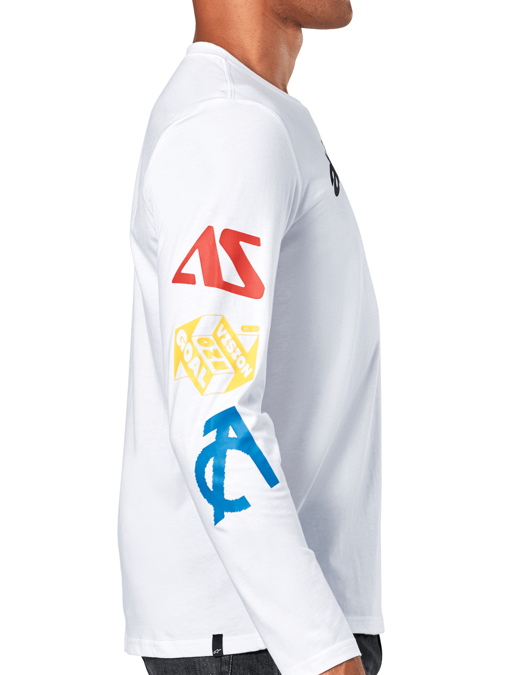 Alpinestars Brundo CSF Tee, camiseta de manga larga, blanca, vista de perfil lateral que muestra gráficos multicolores en la manga en rojo, amarillo y azul, estilo casual de automovilismo streetwear