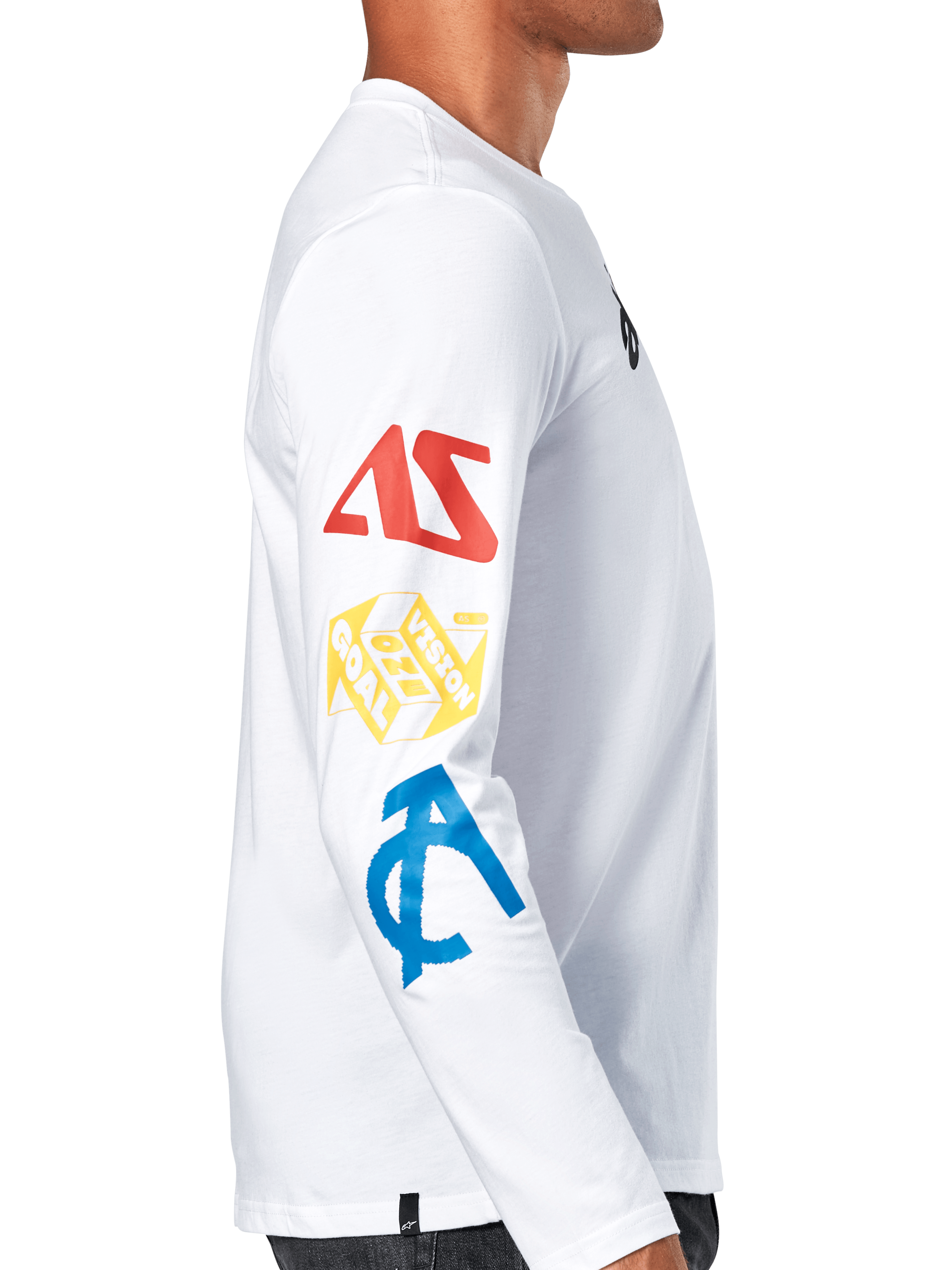 Alpinestars Brundo CSF Tee, camiseta de manga larga, blanca, vista de perfil lateral que muestra gráficos multicolores en la manga en rojo, amarillo y azul, estilo casual de automovilismo streetwear