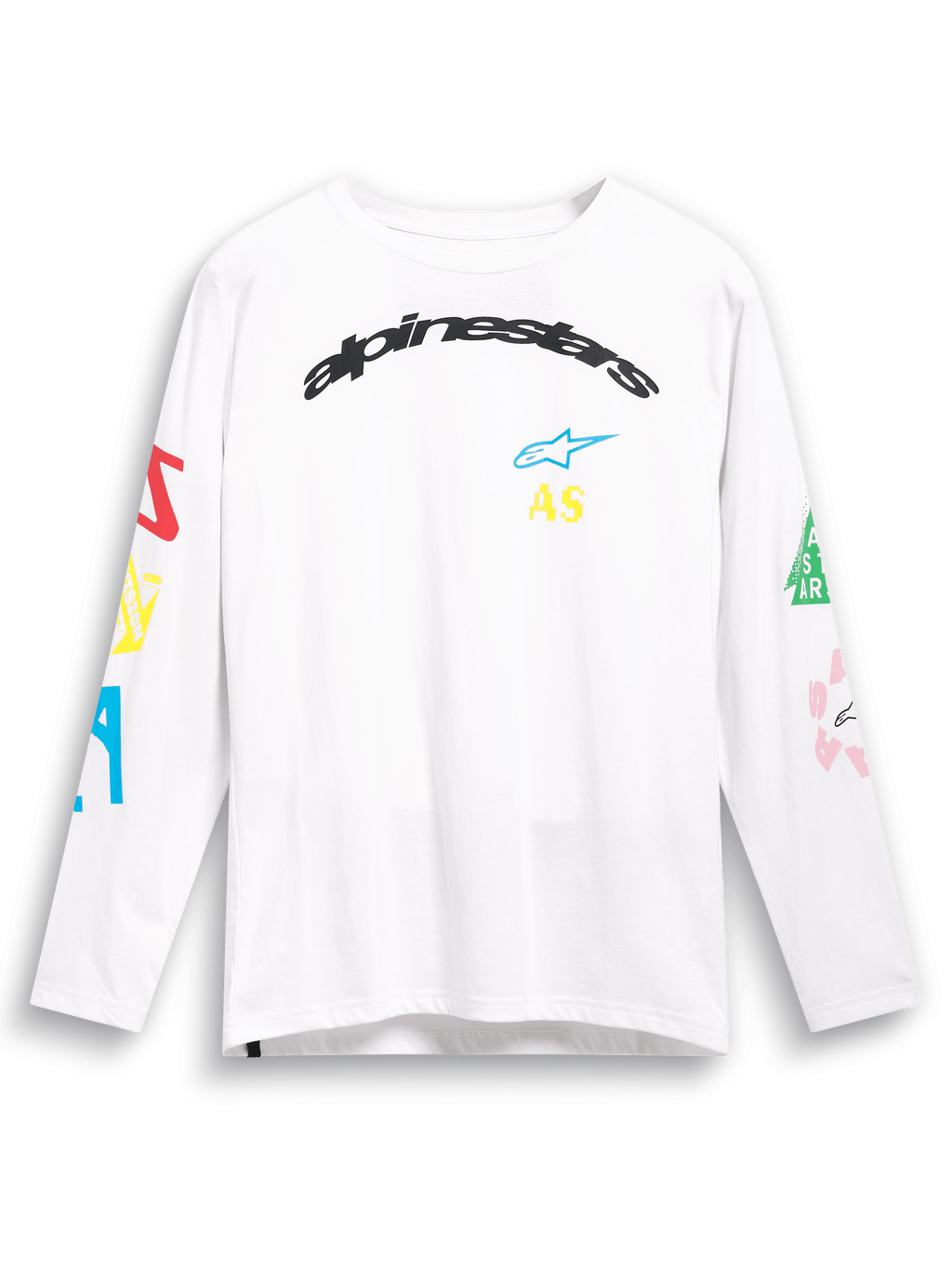 Camiseta Alpinestars Brundo CSF, camiseta de manga larga, blanca, con gráficos de logotipos multicolores en el pecho y las mangas, marca Alpinestars arqueada en negro, ropa urbana casual de estilo motor
