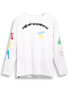 Camiseta Alpinestars Brundo CSF, camiseta de manga larga, blanca, con gráficos de logotipos multicolores en el pecho y las mangas, marca Alpinestars arqueada en negro, ropa urbana casual de estilo motor