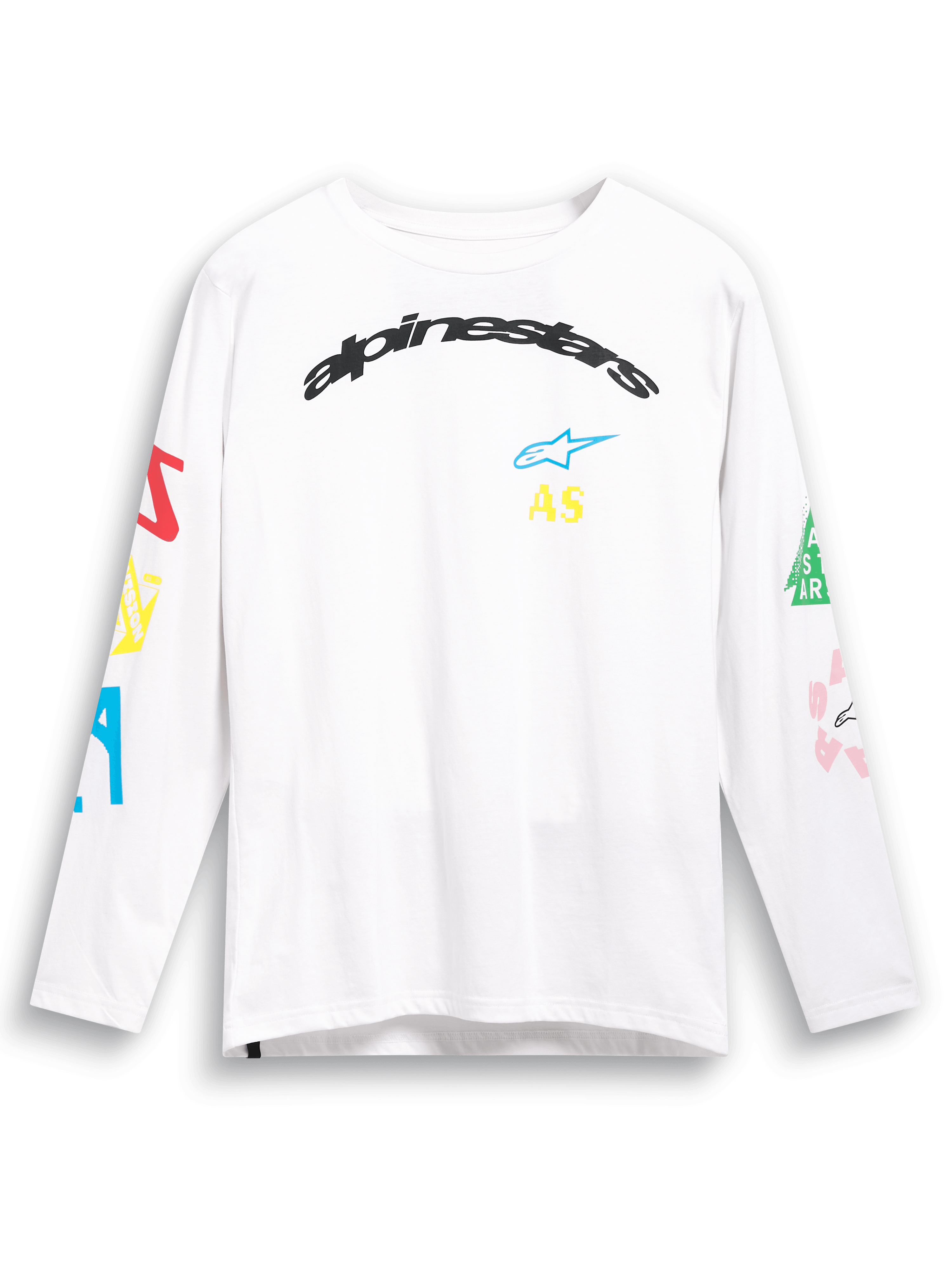 Camiseta Alpinestars Brundo CSF, camiseta de manga larga, blanca, con gráficos de logotipos multicolores en el pecho y las mangas, marca Alpinestars arqueada en negro, ropa urbana casual de estilo motor