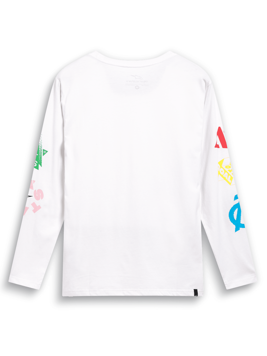 Camiseta Alpinestars Brundo CSF, camiseta de manga larga, blanca, vista trasera con coloridos gráficos de logotipos multi-mezcla en ambas mangas, ropa urbana casual inspirada en el automovilismo