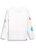 Camiseta Alpinestars Brundo CSF, camiseta de manga larga, blanca, vista trasera con coloridos gráficos de logotipos multi-mezcla en ambas mangas, ropa urbana casual inspirada en el automovilismo