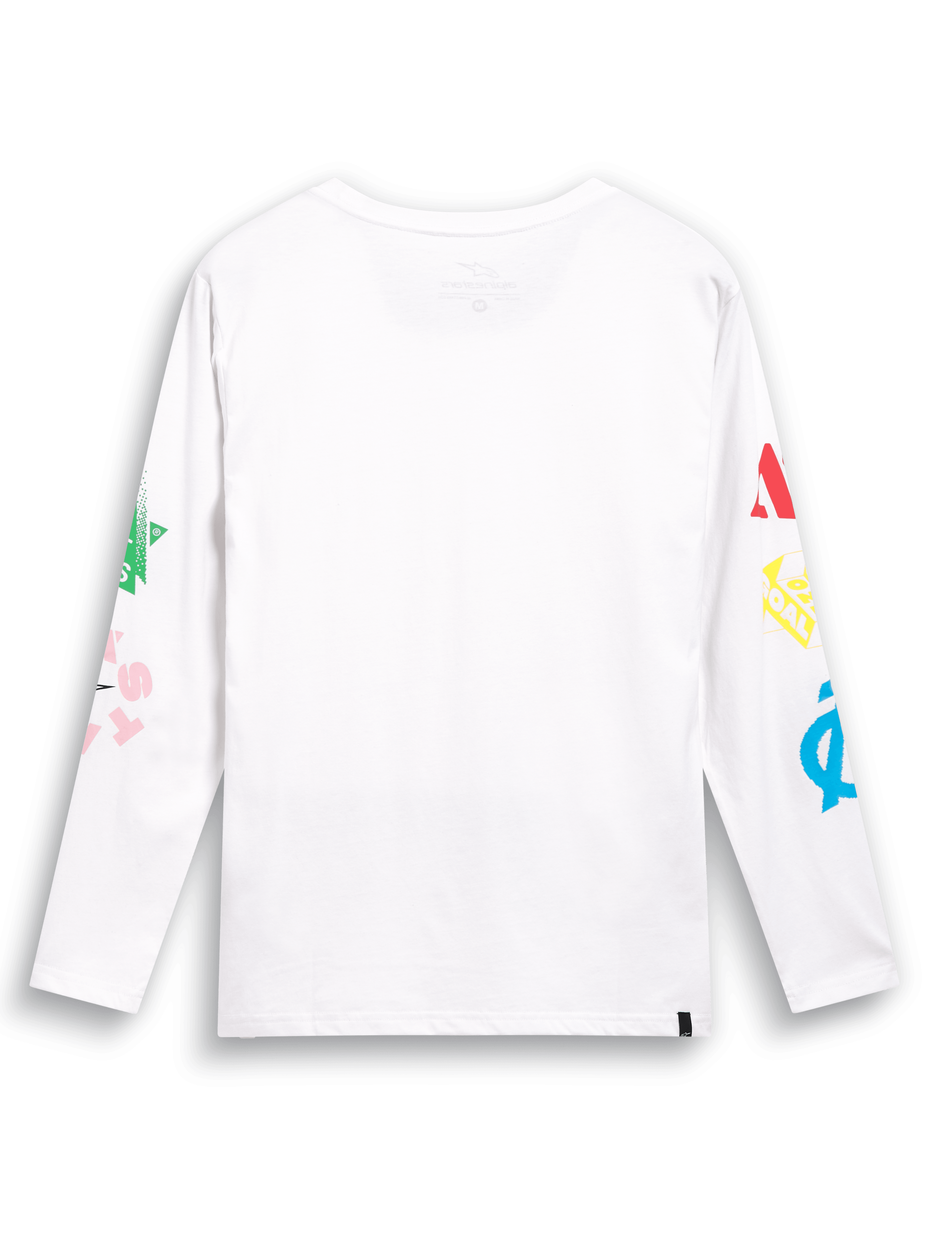 Camiseta Alpinestars Brundo CSF, camiseta de manga larga, blanca, vista trasera con coloridos gráficos de logotipos multi-mezcla en ambas mangas, ropa urbana casual inspirada en el automovilismo