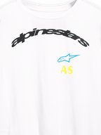 Camiseta de manga larga Alpinestars Brundo CSF, primer plano de los gráficos del pecho, blanca, logotipo de Alpinestars negro arqueado con estrella azul e iniciales AS amarillas, ropa deportiva casual
