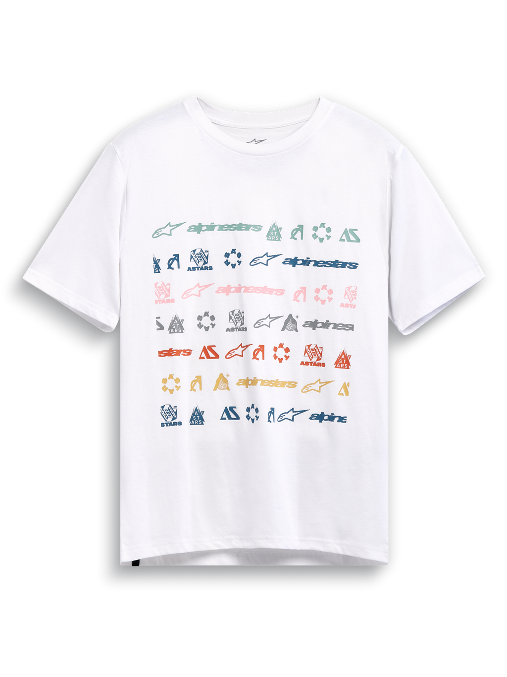Alpinestars Glyfs CSF Tee, camiseta de mangas cortas blanca con gráfico de rayas y múltiples logotipos en el pecho, ropa deportiva casual