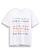 Alpinestars Glyfs CSF Tee, camiseta de mangas cortas blanca con gráfico de rayas y múltiples logotipos en el pecho, ropa deportiva casual