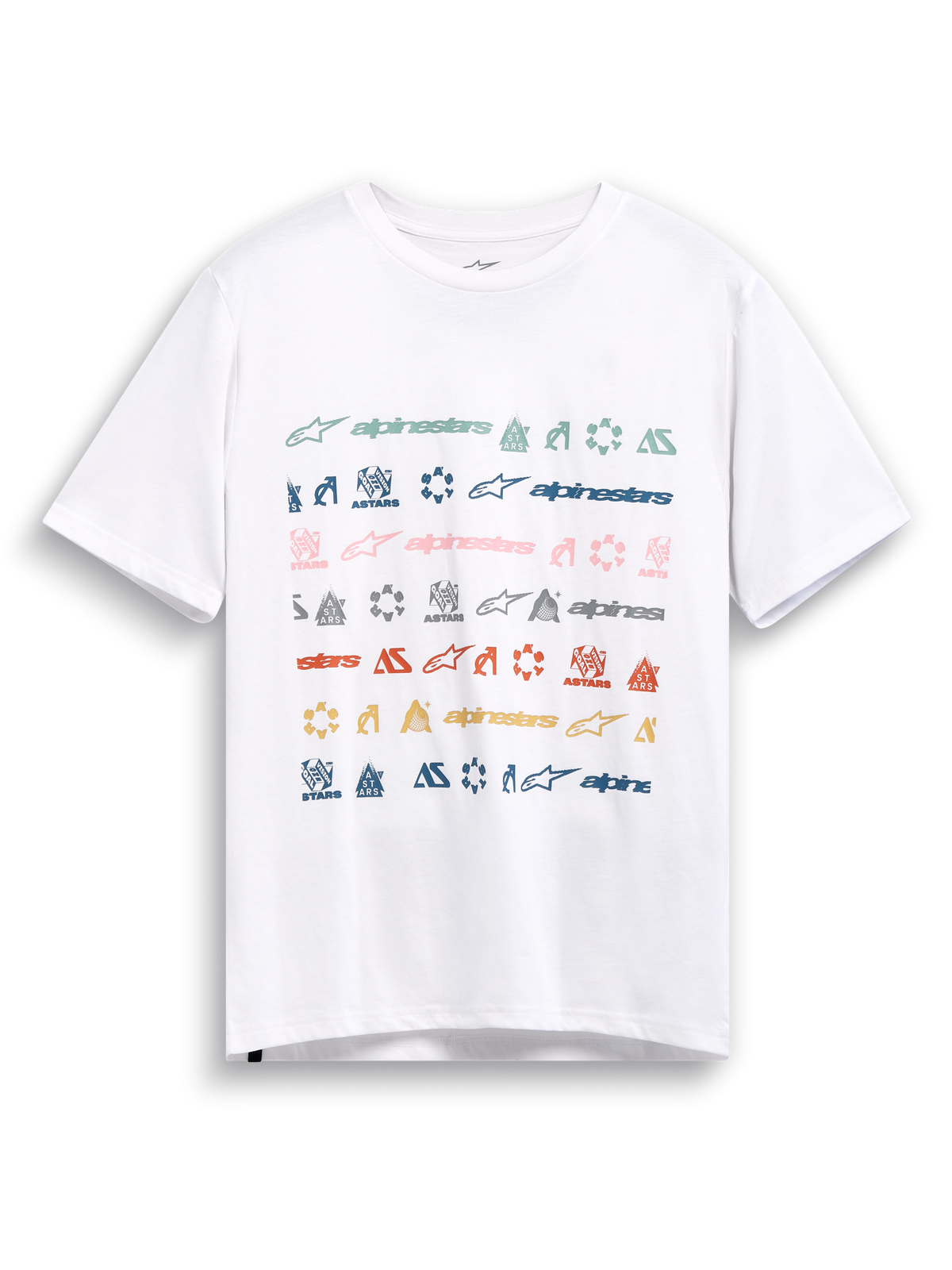 Alpinestars Glyfs CSF Tee, camiseta de mangas cortas blanca con gráfico de rayas y múltiples logotipos en el pecho, ropa deportiva casual