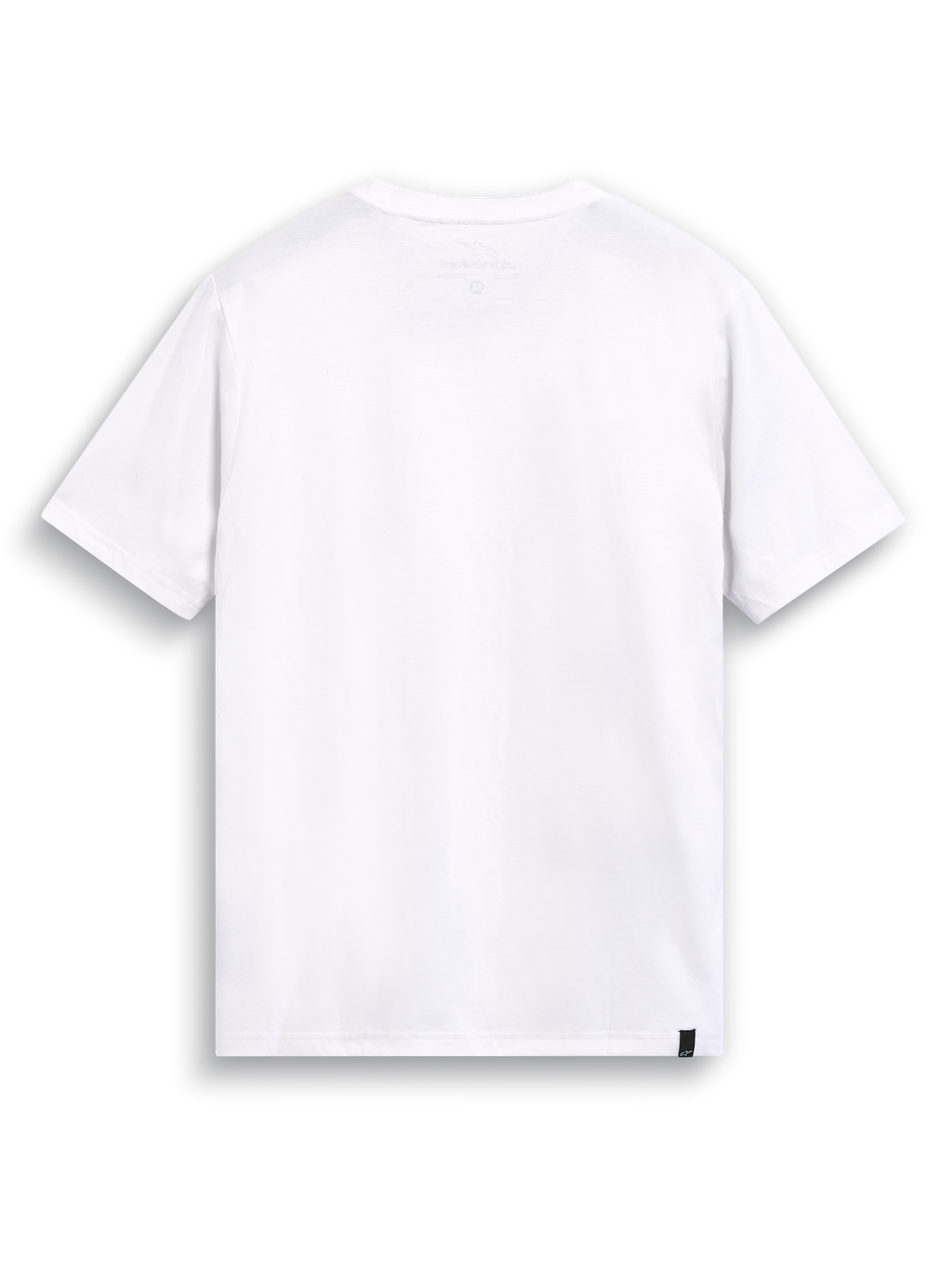 Alpinestars T-Shirt Elliptic CSF, camiseta de mangas corta blanca, vista trasera que muestra el estampado interior del cuello y la etiqueta exterior en el dobladillo, ropa deportiva