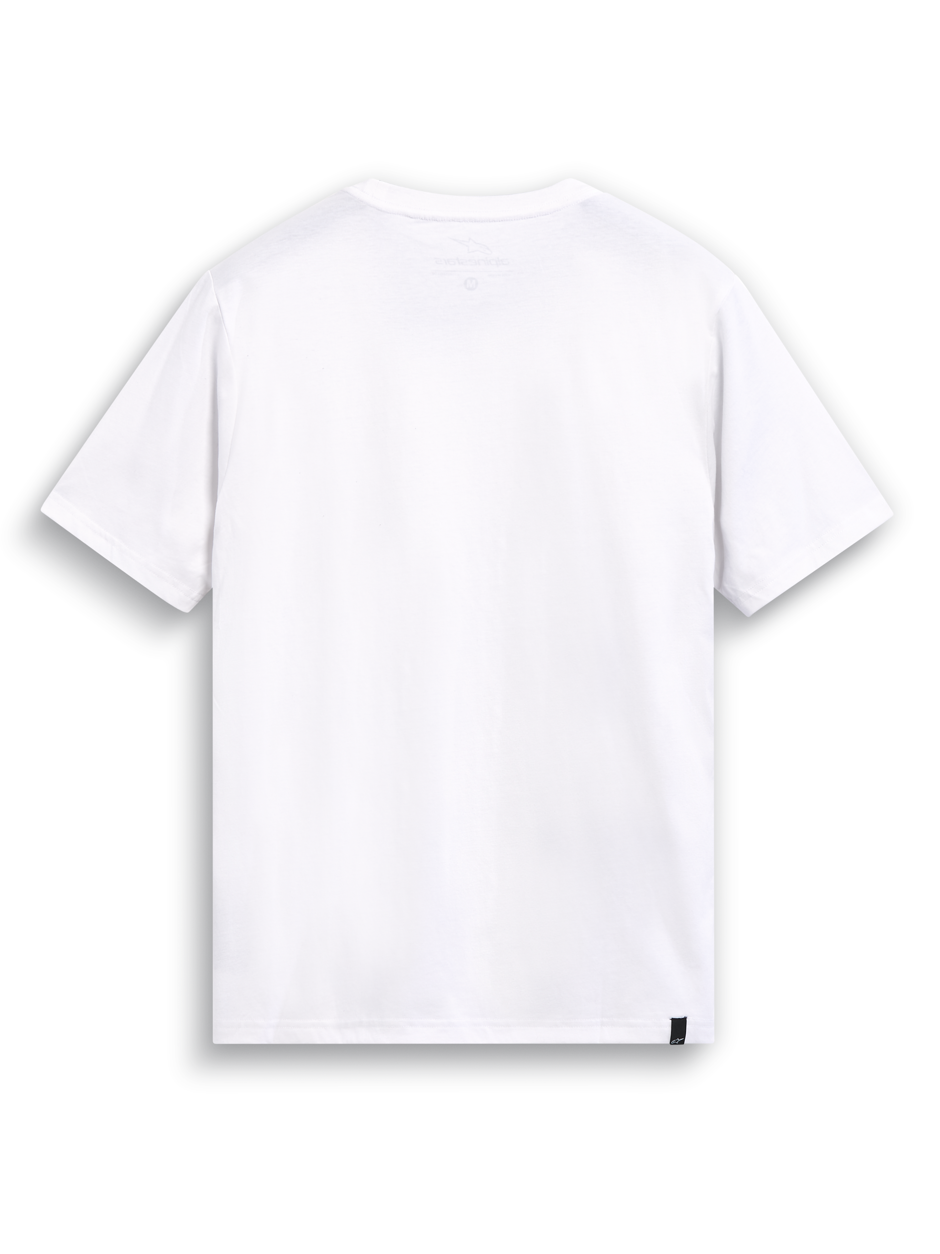 Alpinestars T-Shirt Elliptic CSF, camiseta de mangas corta blanca, vista trasera que muestra el estampado interior del cuello y la etiqueta exterior en el dobladillo, ropa deportiva