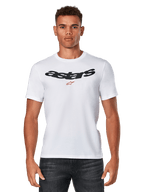 Alpinestars Elliptic CSF Tee, White Short Sleeve T-Shirt worn by model, black arched Astars logo with red star graphic on chest, casual motorsport apparel