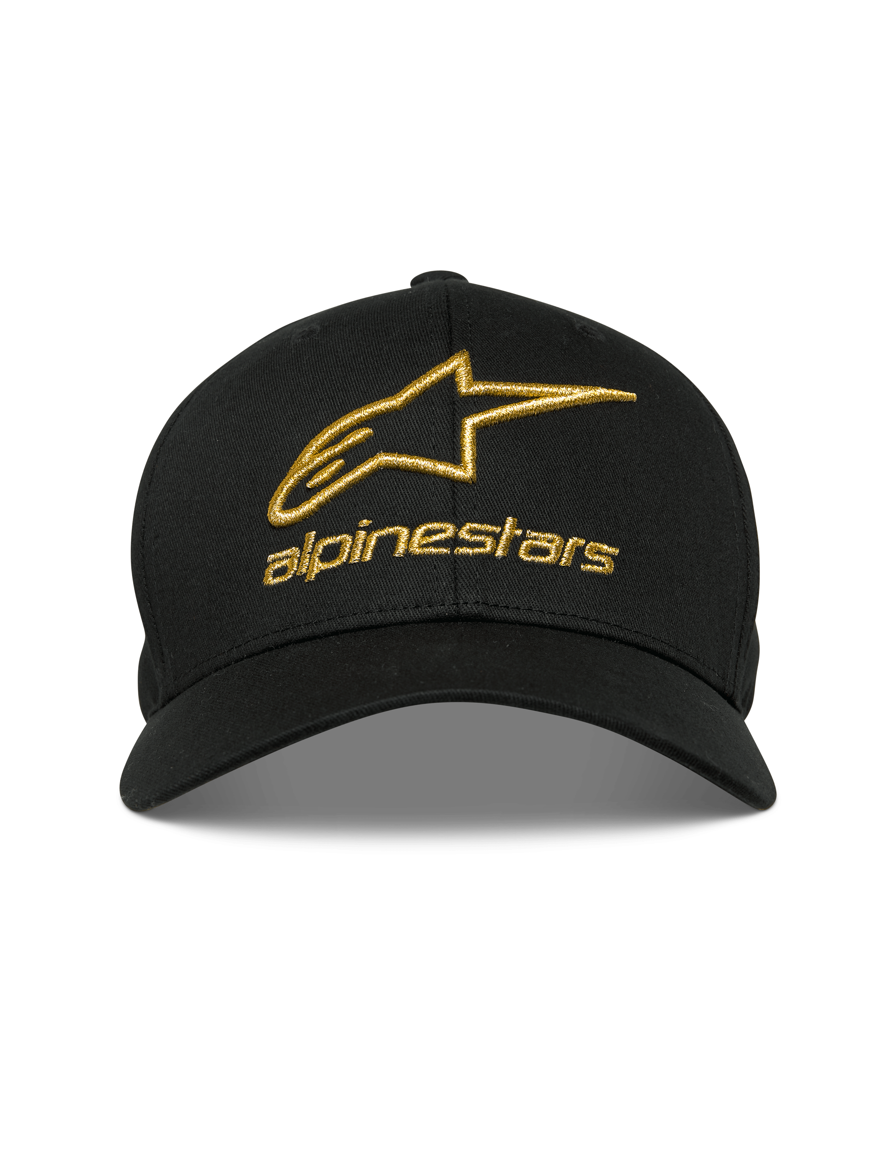 Alpinestars Gild Hat, Black, Gold Metallic 3D Embroidery Alpinestars Logo, Curved Bill with Structured Crown, Casual Motorsport Sportswear