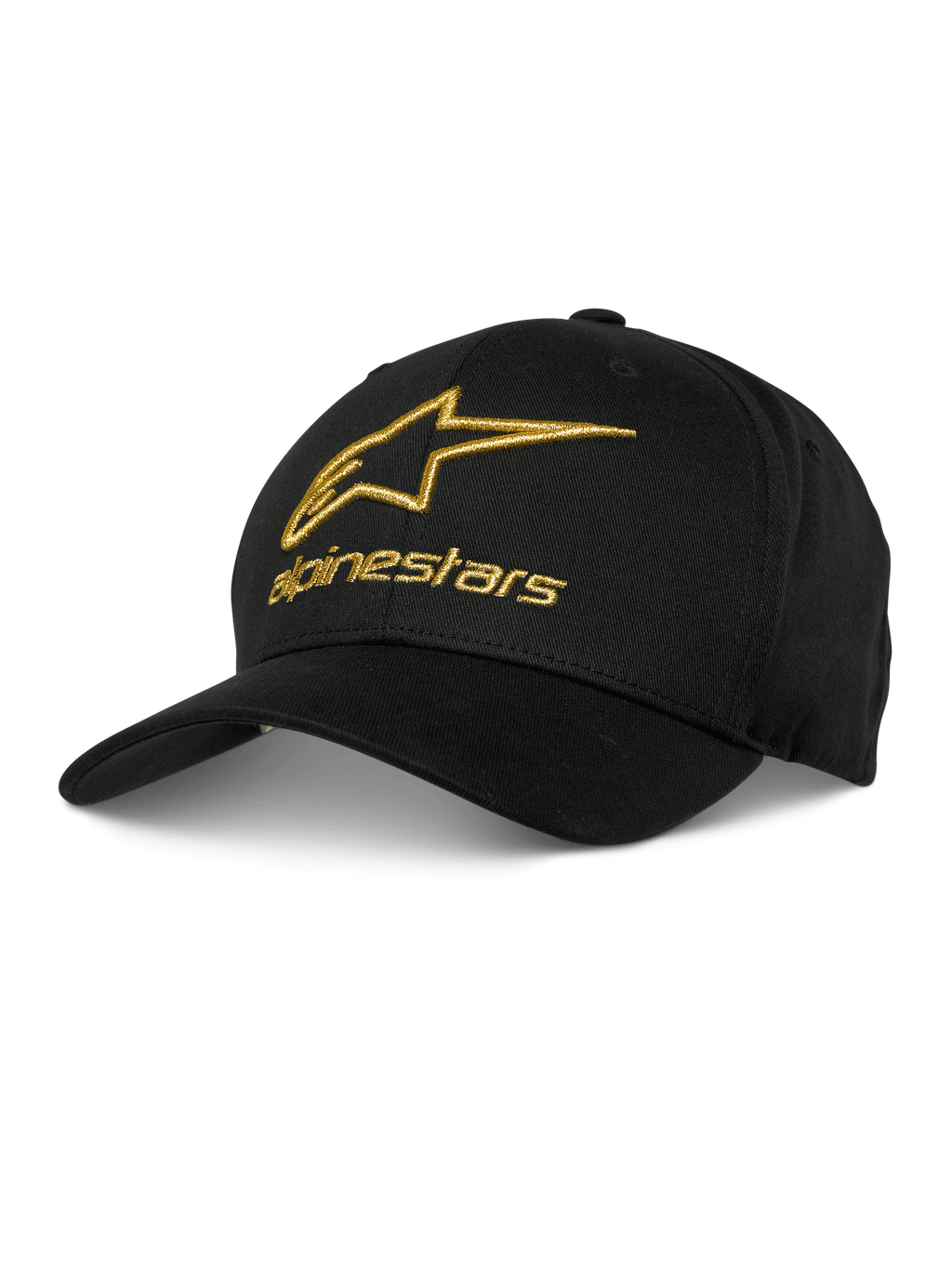 Alpinestars Gild Hat, Black Baseball Cap with Gold Metallic 3D Embroidered Logo, Structured Crown and Curved Bill, Casual Motorsport Sportswear
