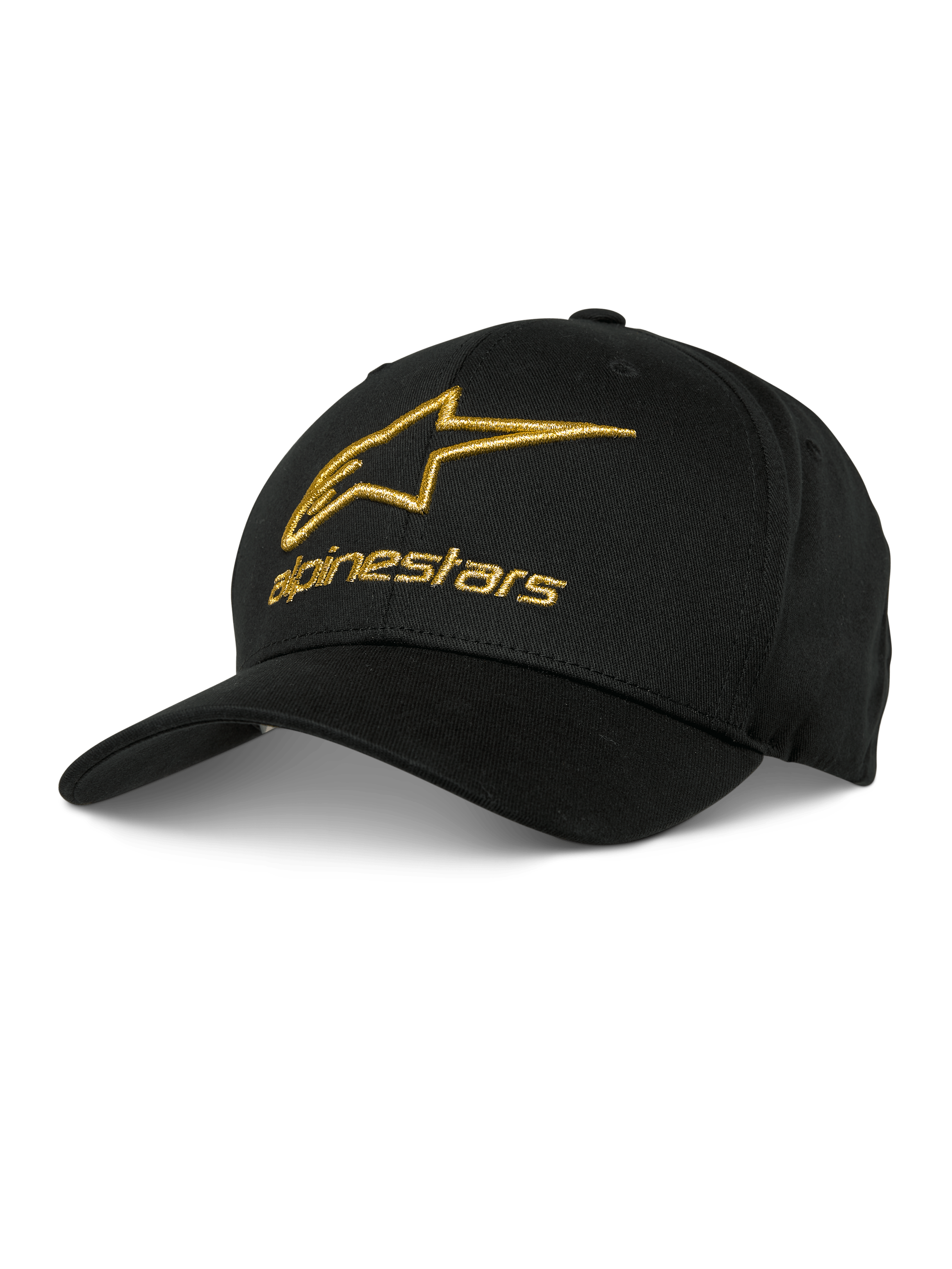 Alpinestars Gild Hat, gorra de béisbol negra con logotipo metálico dorado bordado en 3D, corona estructurada y visera curva, ropa deportiva casual de automovilismo
