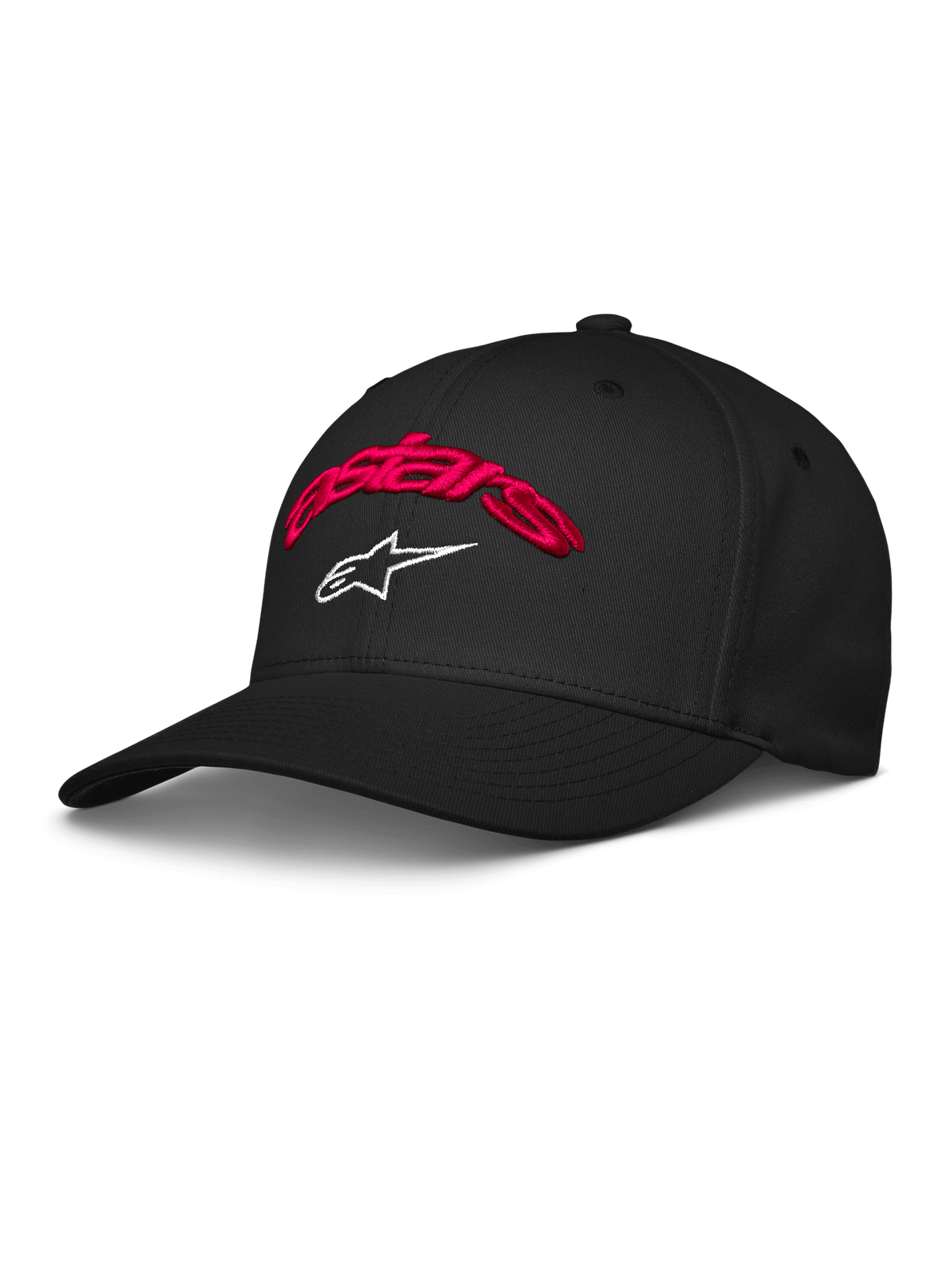 Gorra Alpinestars Arcstars, gorra de béisbol negra con bordado 3D del texto 'Astars' en rojo y logotipo de estrella blanca, visera curva, corona estructurada, ropa deportiva casual de motor
