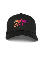 Alpinestars Setting Hat, black curved bill baseball cap, featuring a 3D gradation embroidered Astar logo with orange pink and purple tones, structured crown, casual motorsport sportswear
