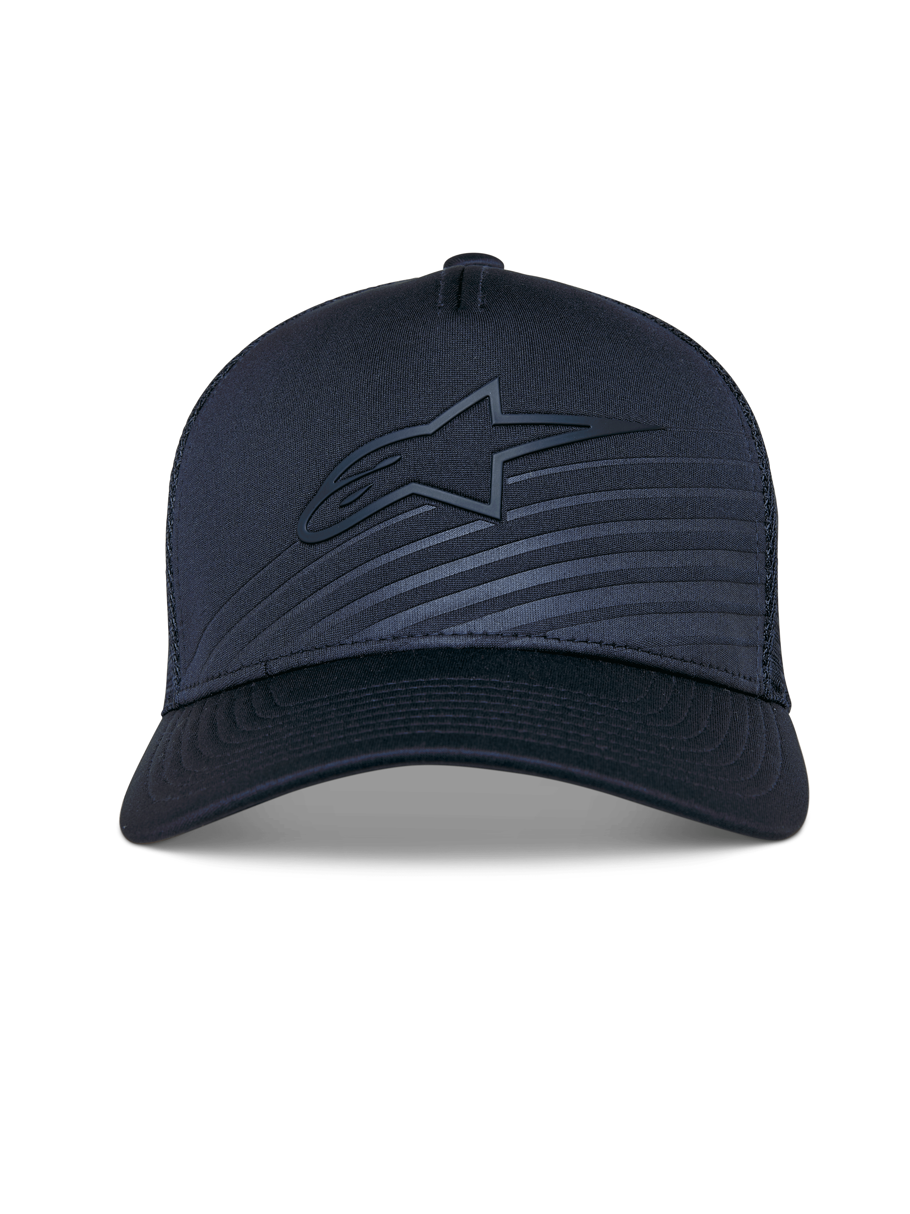 Alpinestars Delane Hat, Structured Baseball Cap, Navy Blue, curved bill with tonal Alpinestars logo and reflective transfer patch, mesh back for ventilation, performance sportswear accessory