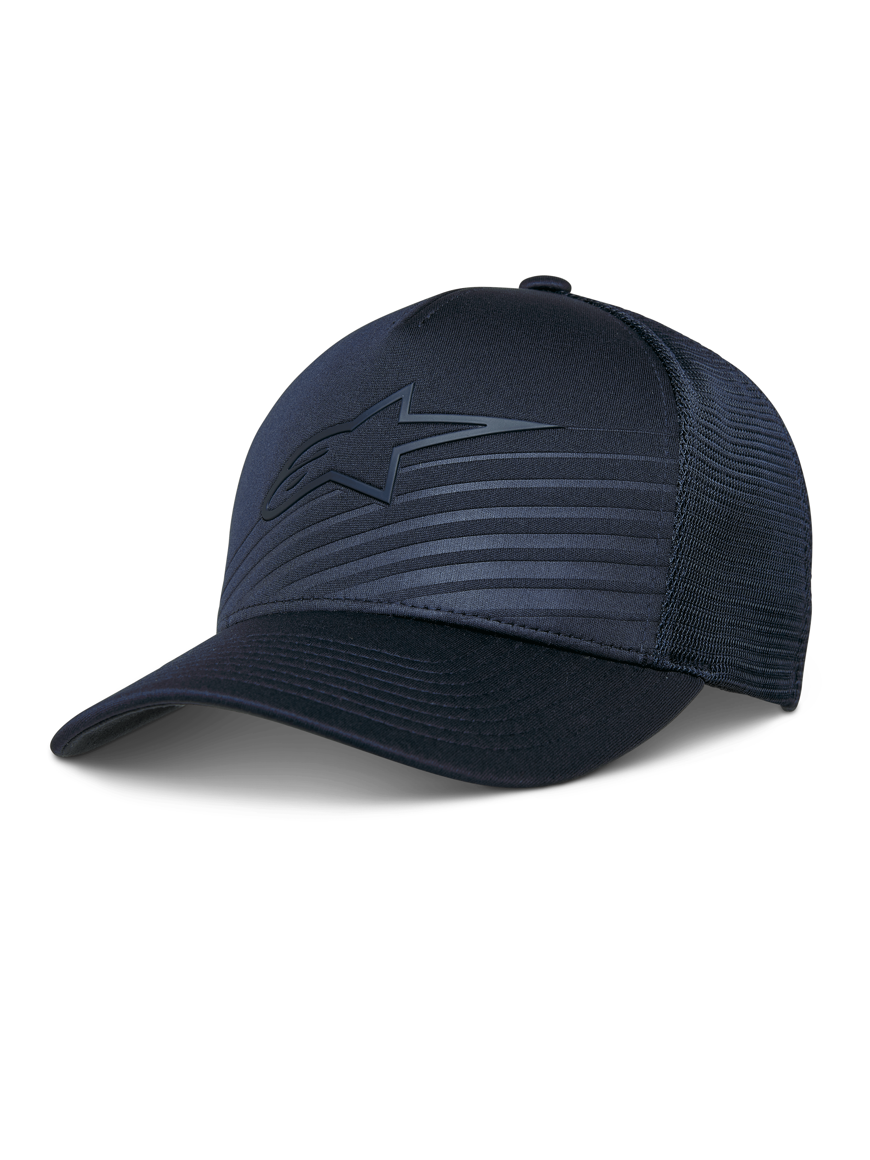 Gorra Alpinestars Delane, gorra de béisbol de alto rendimiento, azul marino, logo de estrella tonal y líneas reflectantes, corona estructurada con parte trasera de malla tipo diamante, visera curva, ropa deportiva transpirable