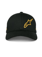 Alpinestars Sessionized Hat, Black curved bill snapback cap, gold 3D embroidered Astars logo on front left, structured cotton twill design, casual motorsport headwear