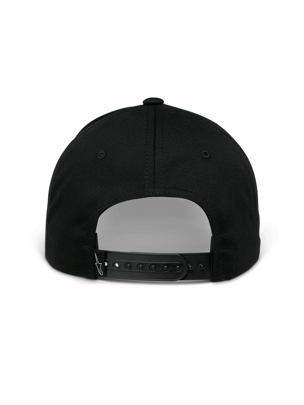 Gorra Alpinestars Profile, color negro, vista trasera que muestra el cierre ajustable tipo snapback, corona estructurada y pequeño logotipo bordado en blanco en la tira trasera, ropa deportiva casual
