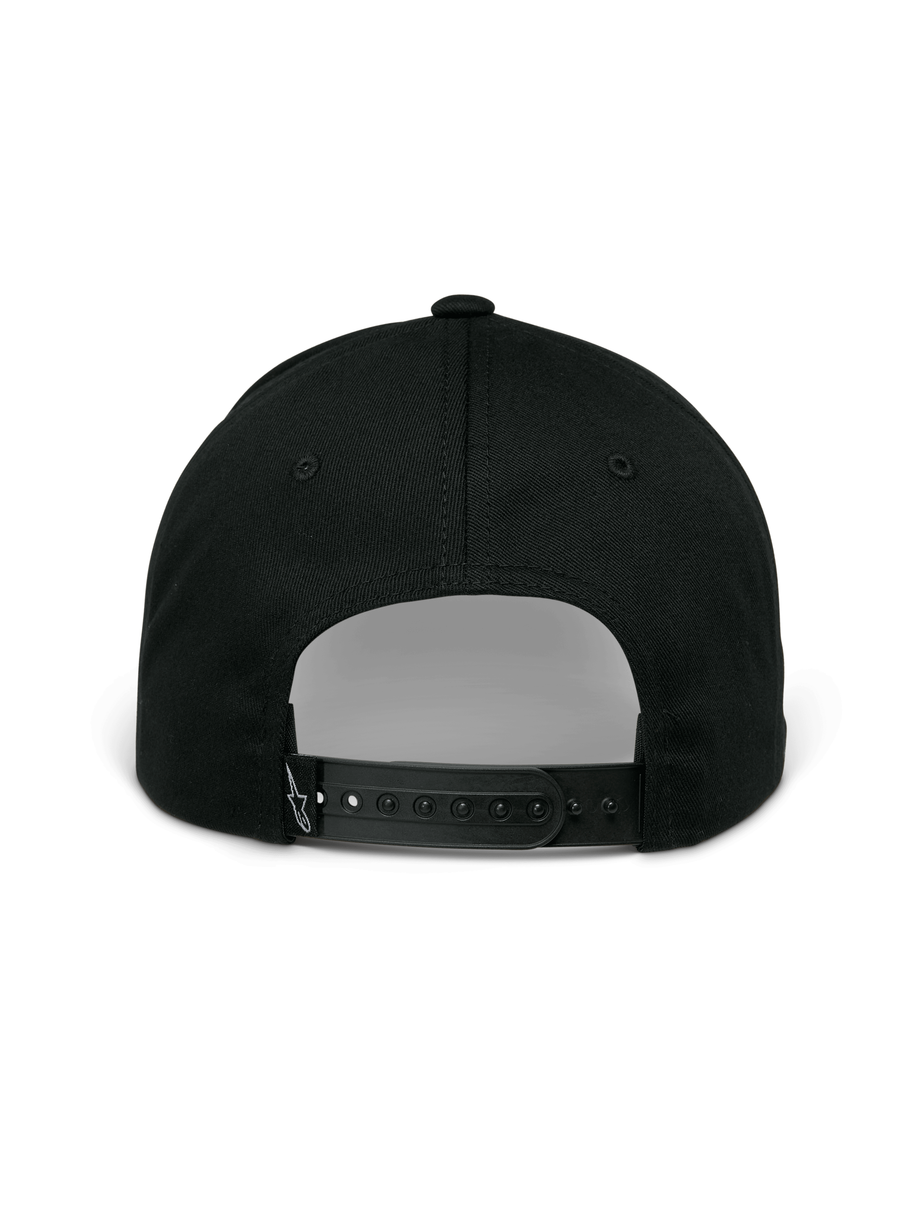 Gorra Alpinestars Profile, color negro, vista trasera que muestra el cierre ajustable tipo snapback, corona estructurada y pequeño logotipo bordado en blanco en la tira trasera, ropa deportiva casual