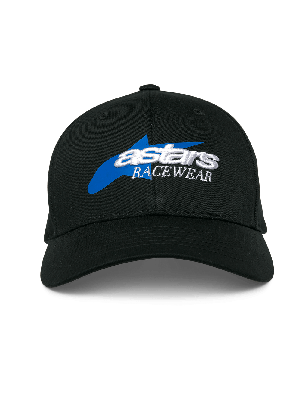 Gorra Alpinestars Profile, gorra de béisbol negra con un gráfico de estrella azul y logotipo 'astars RACEWEAR' bordado en 3D blanco, corona estructurada y visera curva, prenda de cabeza casual para deportes de motor