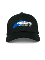 Gorra Alpinestars Profile, gorra de béisbol negra con un gráfico de estrella azul y logotipo 'astars RACEWEAR' bordado en 3D blanco, corona estructurada y visera curva, prenda de cabeza casual para deportes de motor