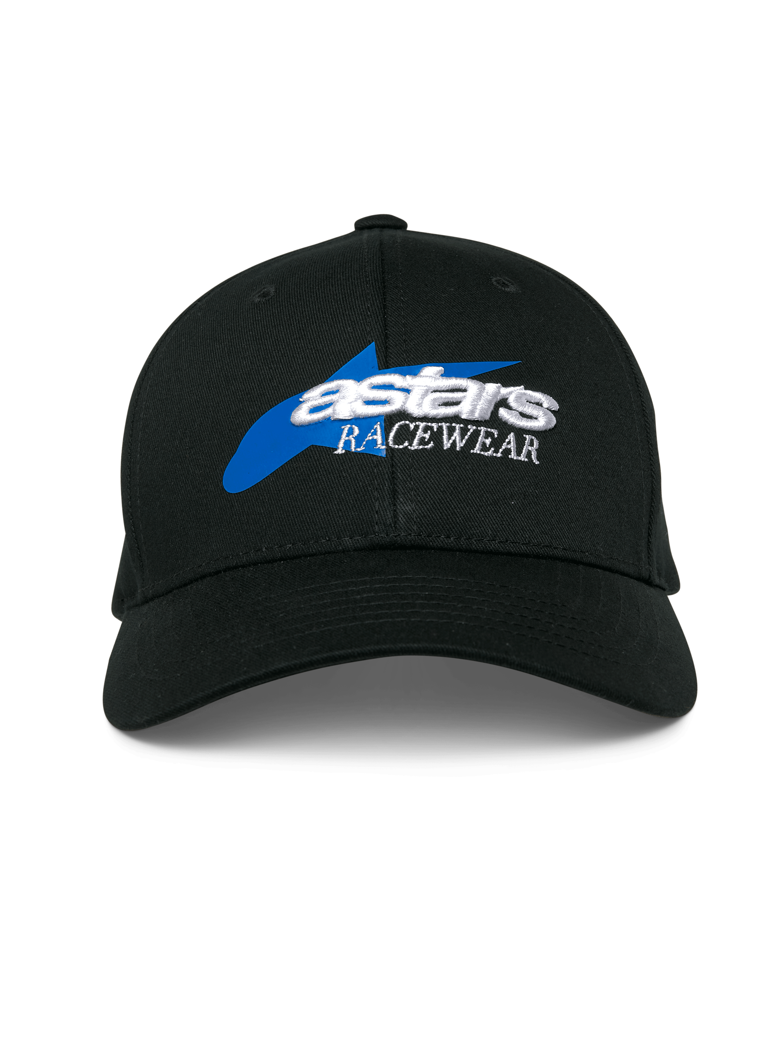 Gorra Alpinestars Profile, gorra de béisbol negra con un gráfico de estrella azul y logotipo 'astars RACEWEAR' bordado en 3D blanco, corona estructurada y visera curva, prenda de cabeza casual para deportes de motor