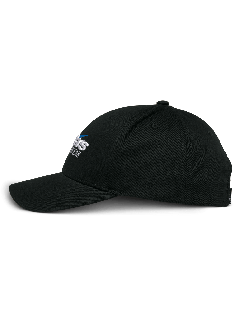 Gorra Alpinestars Profile, gorra snapback negra, vista de perfil lateral, corona estructurada con visera curva, logotipo de Alpinestars bordado, accesorio casual inspirado en el automovilismo