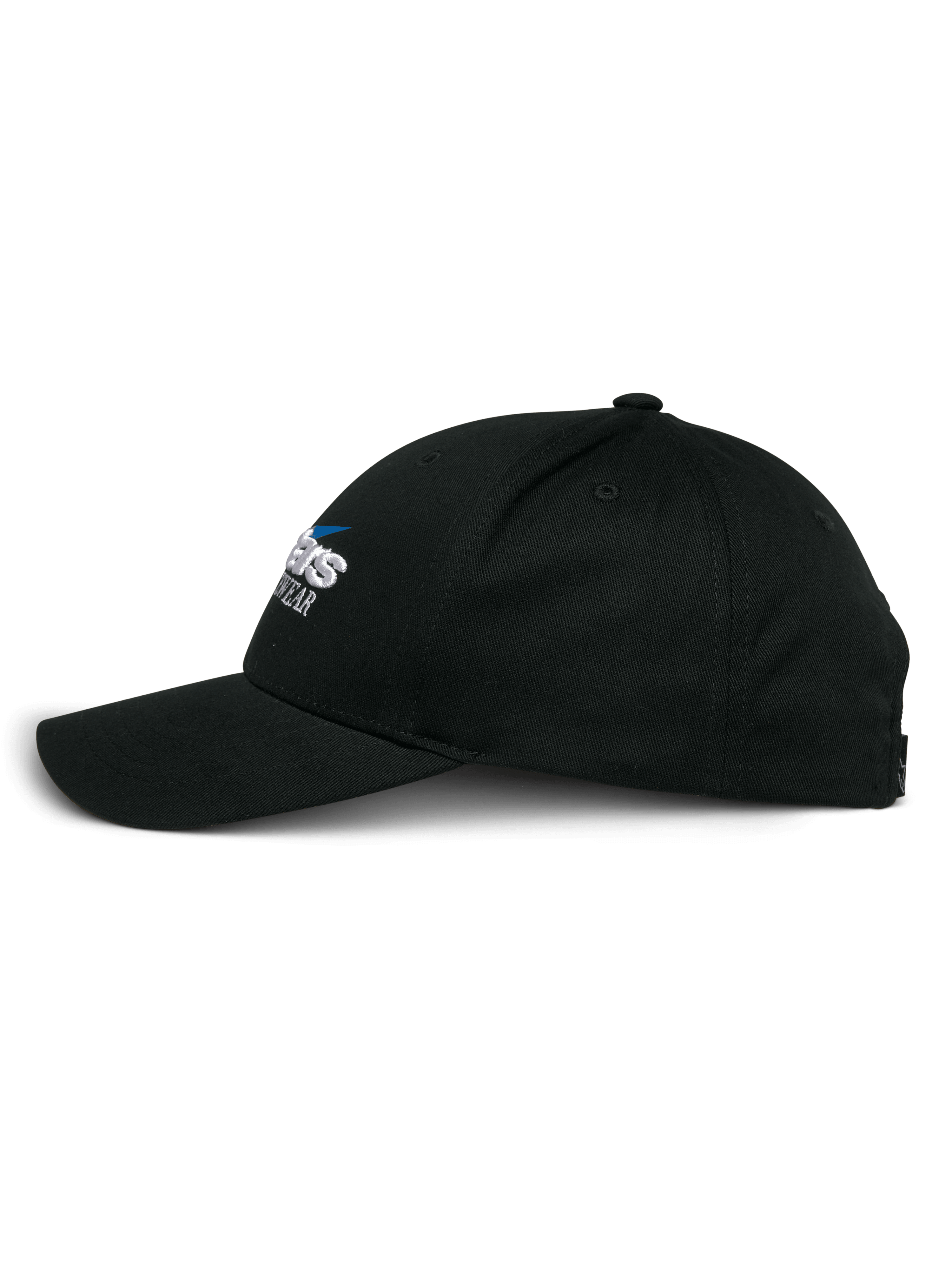 Gorra Alpinestars Profile, gorra snapback negra, vista de perfil lateral, corona estructurada con visera curva, logotipo de Alpinestars bordado, accesorio casual inspirado en el automovilismo
