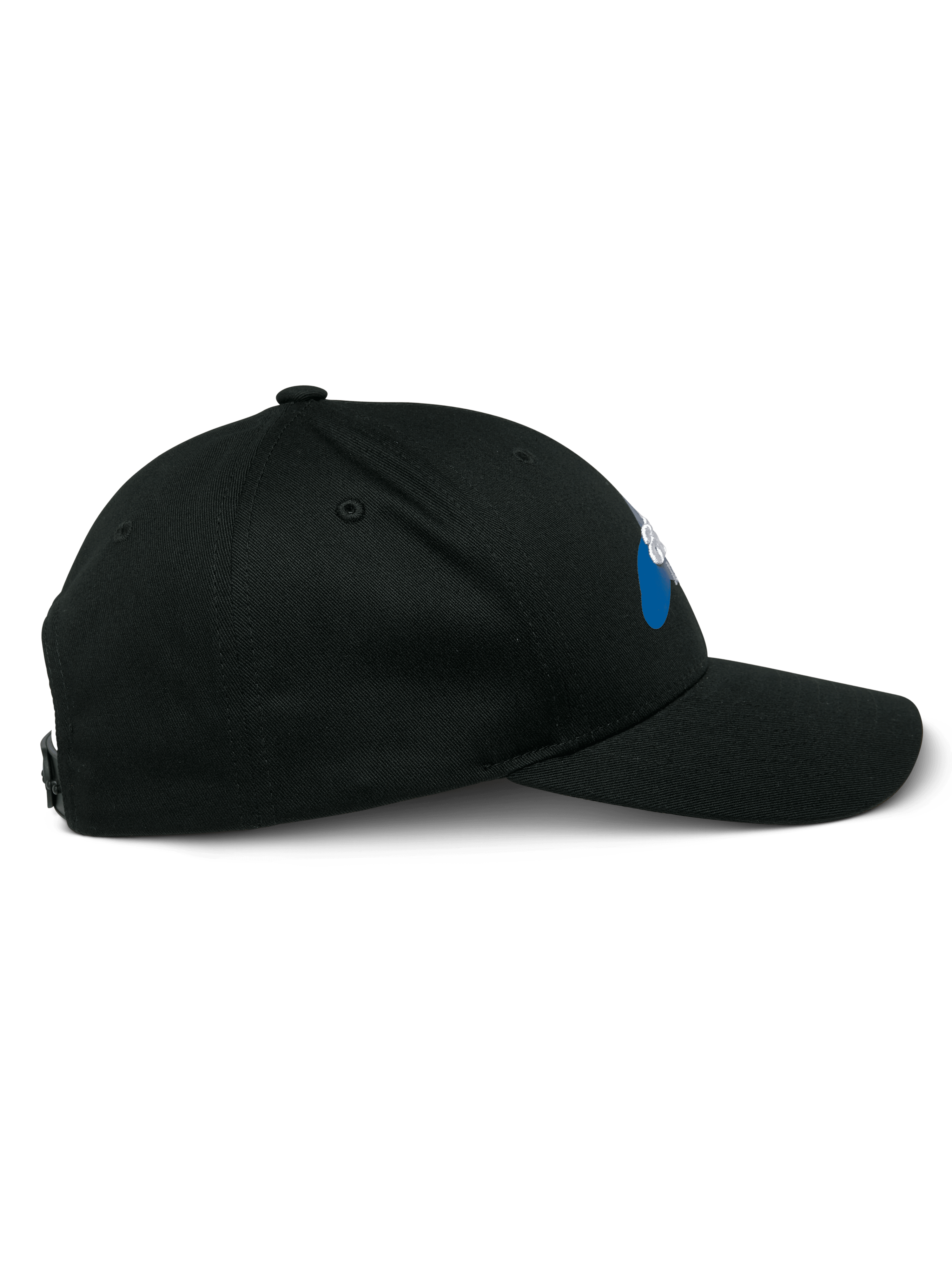Gorra Profile de Alpinestars, vista lateral, color negro, visera curva con corona estructurada, cierre trasero ajustable, accesorio casual inspirado en el automovilismo