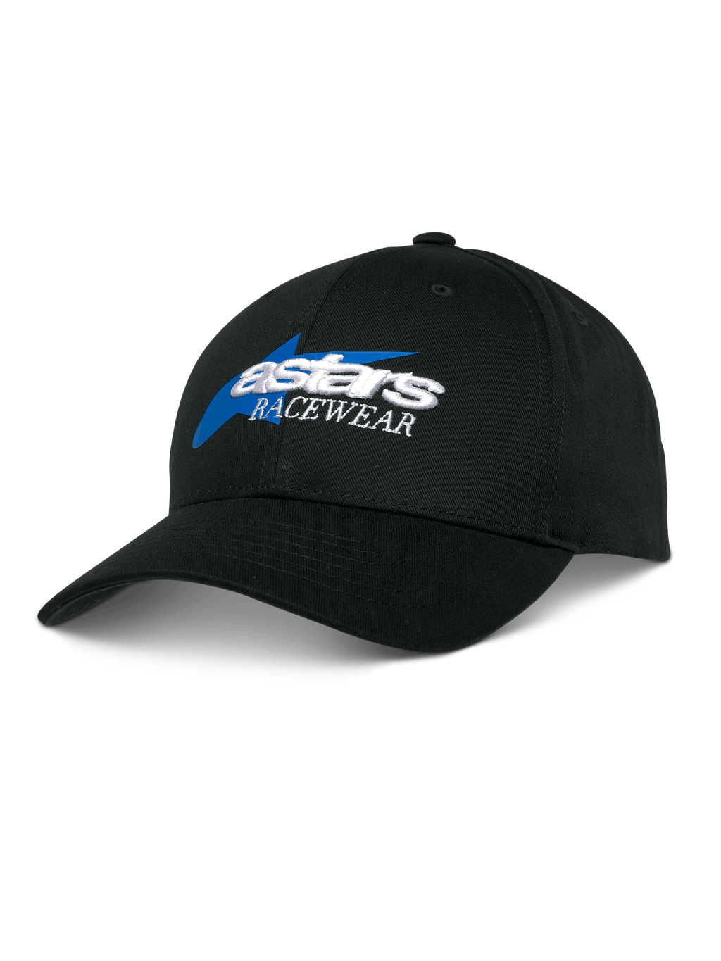 Alpinestars Profile Hat, gorra de béisbol negra, bordado Astars Racewear en azul y blanco, corona estructurada con visera curva, gorra casual de automovilismo