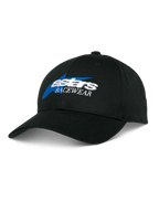 Alpinestars Profile Hat, gorra de béisbol negra, bordado Astars Racewear en azul y blanco, corona estructurada con visera curva, gorra casual de automovilismo