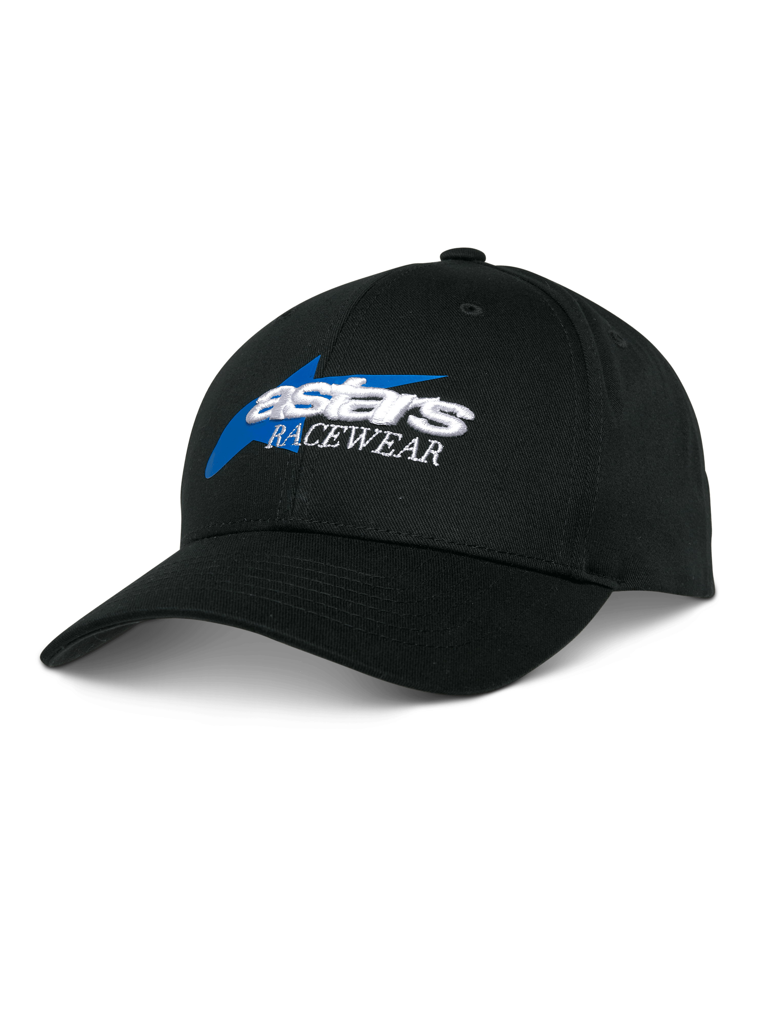 Alpinestars Profile Hat, Black Baseball Cap, Blue and White Astars Racewear Embroidery, Structured Crown with Curved Bill, Casual Motorsports Headwear