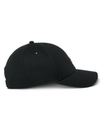 Alpinestars Metal Logo Hat, Black, side profile view of a curved bill snapback cap, structured crown with mini pique fabric and 3D molded metal logo badge, casual motorsport streetwear