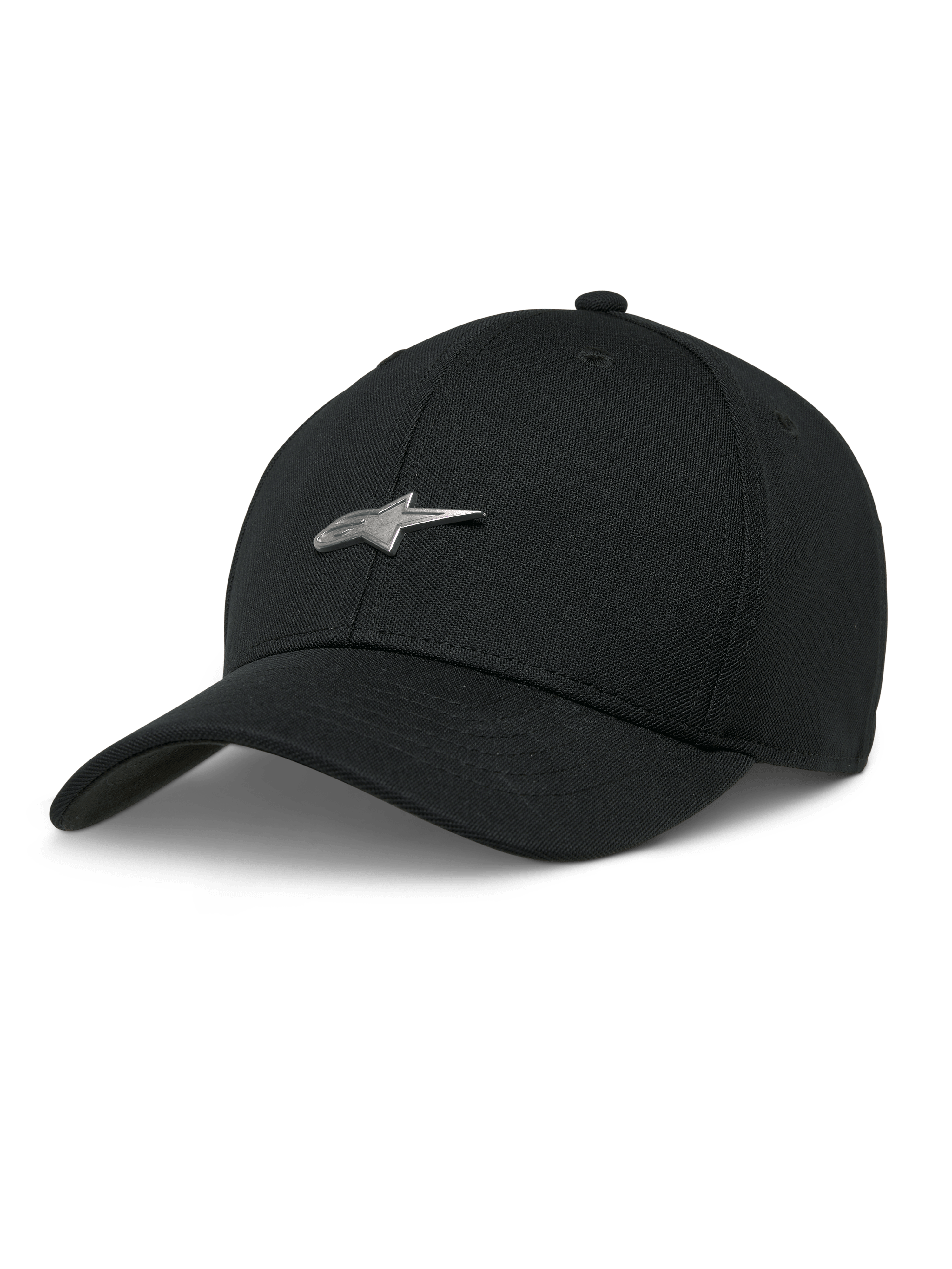 Alpinestars Metal Logo Hat, Black Baseball Cap, Silver 3D Metal Star Logo, Curved Bill, Structured Crown, Casual Motorsport Style