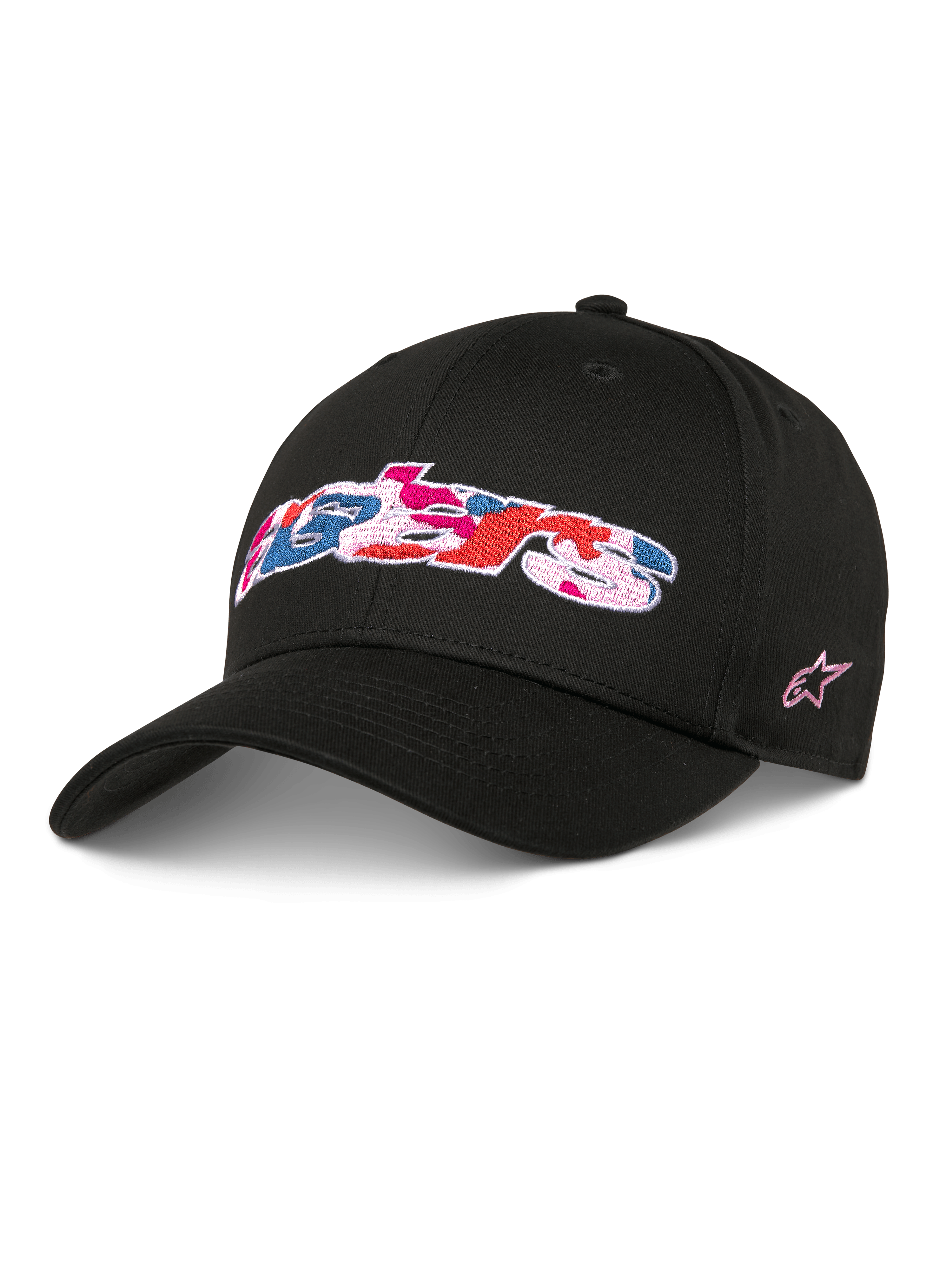 Alpinestars Canyon Hat, Black Snapback Baseball Cap, Curved Bill and Structured Crown, Front Astars logo with pink blue and red camo-fill embroidery, side pink star logo, casual cotton twill streetwear