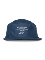 Alpinestars Peasy Hat, gorra jockey de 5 paneles, azul, visera plana con corona sin estructura, gráfico frontal blanco con logotipo y texto 'Since 1963', accesorio casual inspirado en el motorsport