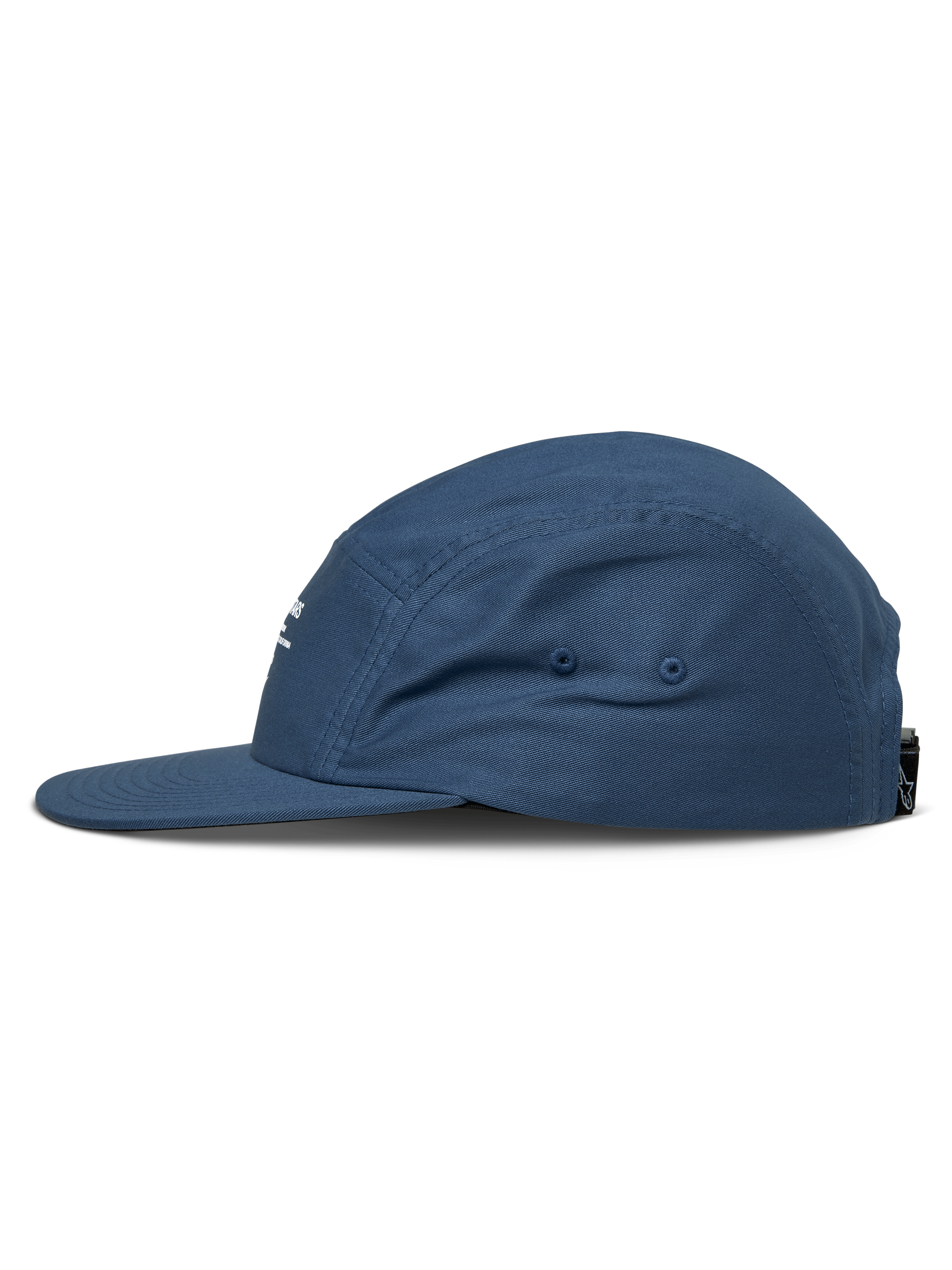 Alpinestars Peasy Hat, gorra tipo jockey de 5 paneles, azul, vista de perfil lateral, visera plana, corona sin estructura, tejido de sarga, accesorio casual inspirado en el automovilismo