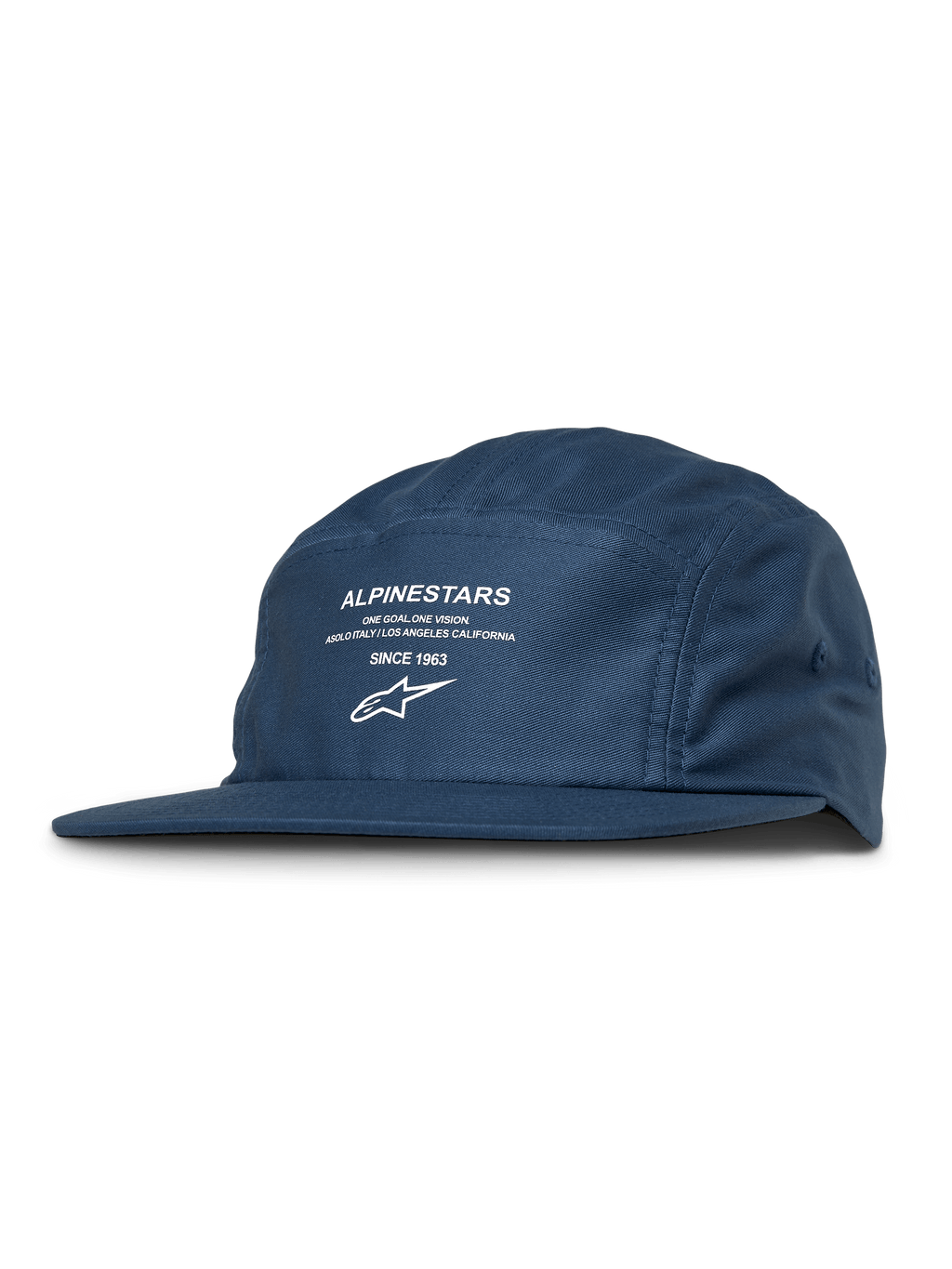 Alpinestars Peasy Hat, gorra jockey de 5 paneles, azul, estampado gráfico blanco con logotipo y texto, visera plana, corona sin estructura, ropa urbana casual de estilo automovilístico