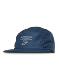 Alpinestars Peasy Hat, gorra jockey de 5 paneles, azul, estampado gráfico blanco con logotipo y texto, visera plana, corona sin estructura, ropa urbana casual de estilo automovilístico