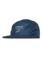 Alpinestars Peasy Hat, gorra jockey de 5 paneles, azul, estampado gráfico blanco con logotipo y texto, visera plana, corona sin estructura, ropa urbana casual de estilo automovilístico